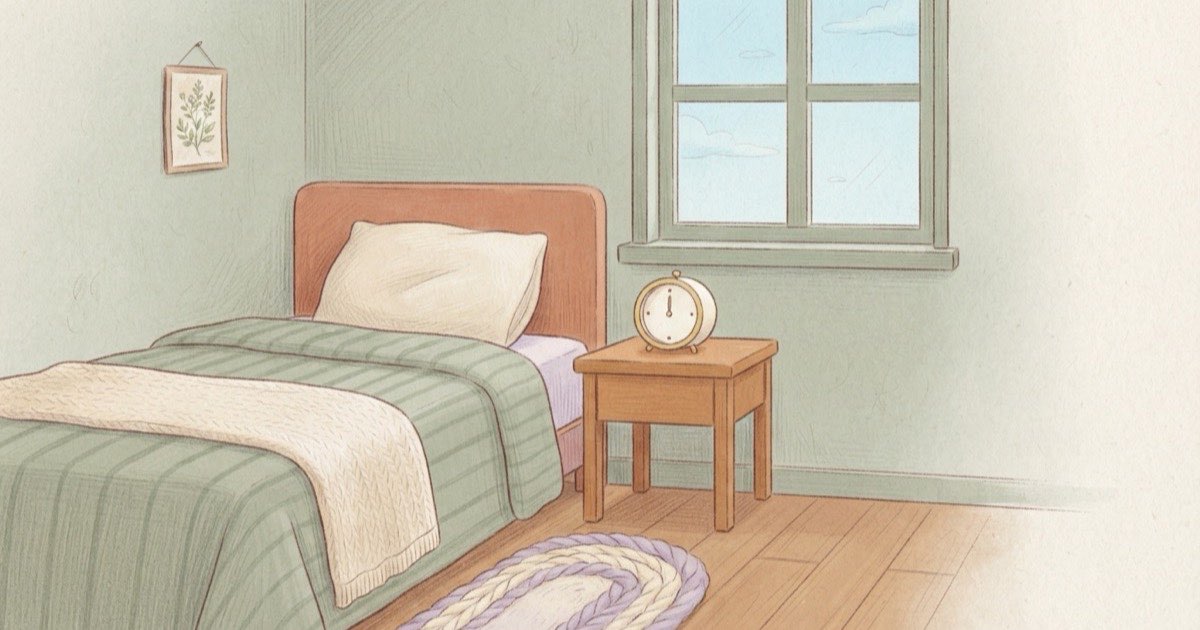 Ilustração de uma cama arrumada com um travesseiro, um despertador na mesa de cabeceira e uma janela com a luz azulada do amanhecer