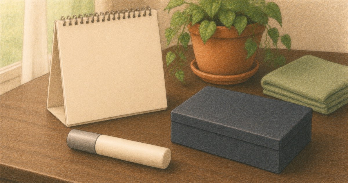 Ilustração de um calendário de mesa com as folhas em branco, uma caneta de aplicação deitada ao lado de uma caixa fechada e um vaso de plantas atrás