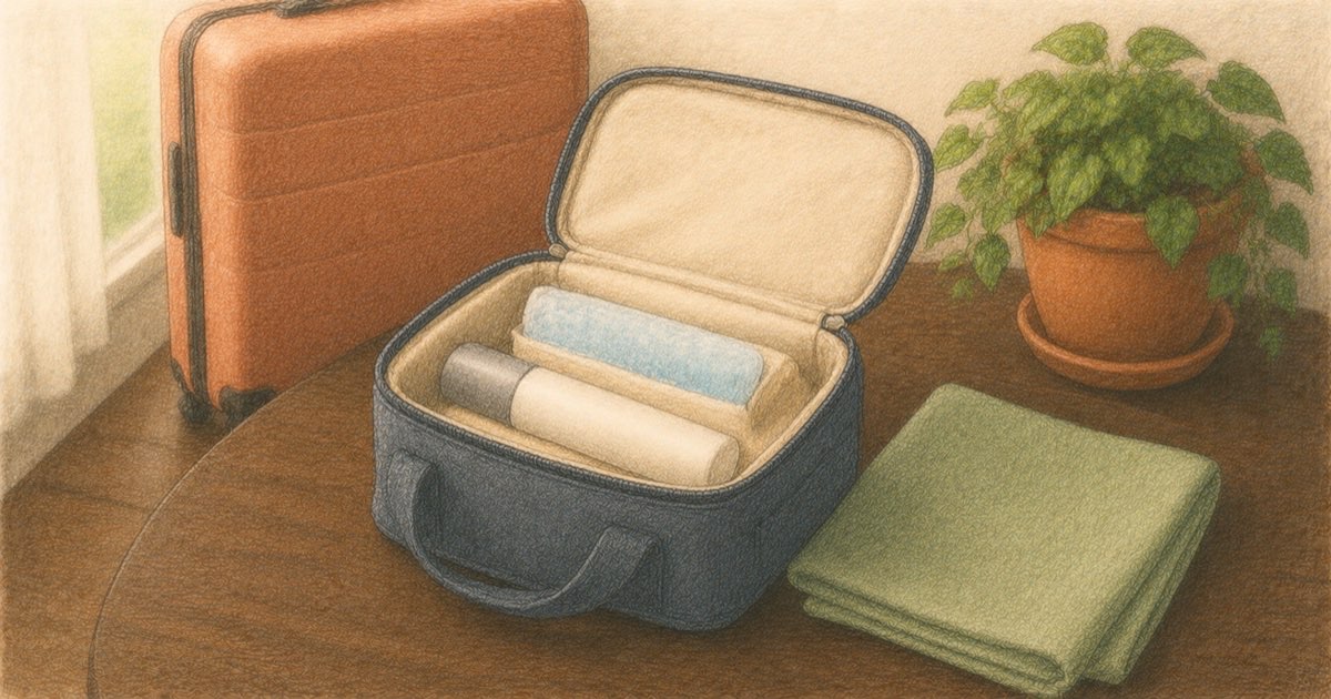 Ilustração de uma bolsa térmica aberta sobre a mesa, com uma caneta de aplicação e uma bolsa de gelo dentro, e uma mala de viagem pequena ao fundo