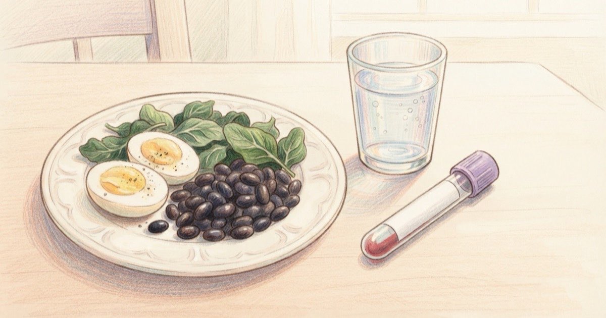 Ilustração de um prato com ovos, feijão e folhas verdes ao lado de um tubo de exame de sangue com etiqueta em branco e um copo d'água, sobre uma mesa clara