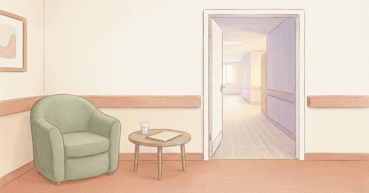 Ilustração de um corredor de hospital visto de uma sala de espera, com uma cadeira vazia, um copo de água e uma pasta de exames sobre a mesa