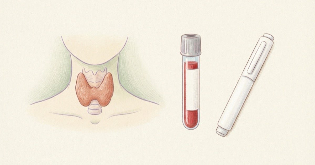 Ilustração de um pescoço estilizado com a glândula tireoide desenhada em formato de borboleta, ao lado de um tubo de exame e de uma caneta de aplicação, sobre fundo claro