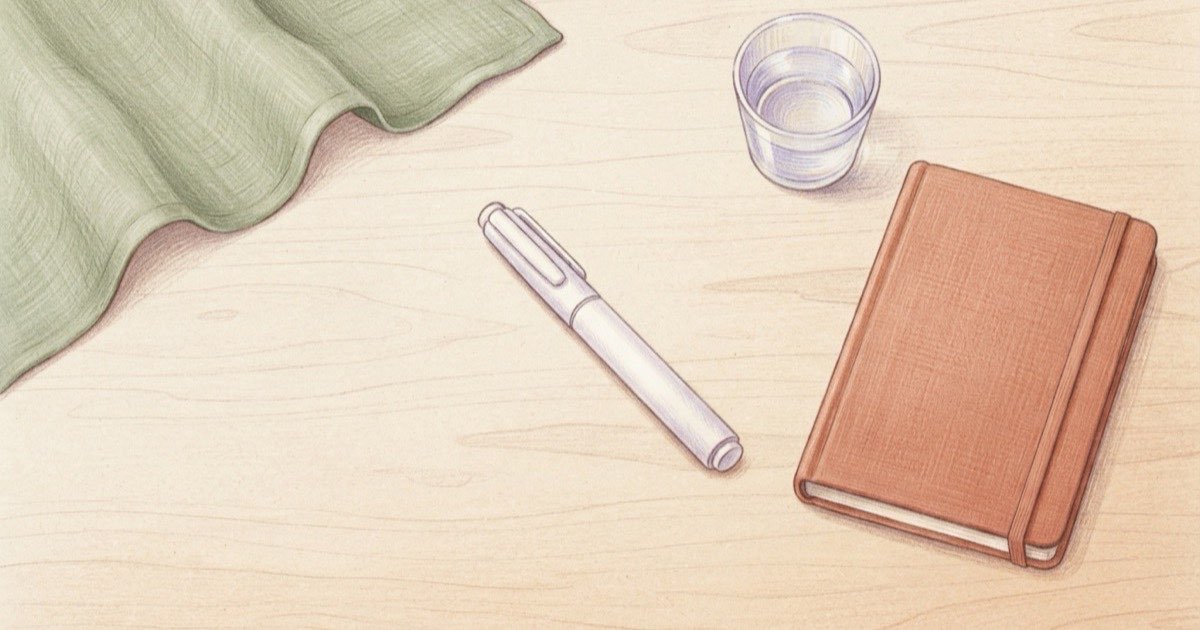 Ilustração de uma caneta de aplicação semanal sem marca sobre uma mesa clara, ao lado de um caderno e de um copo de água, luz suave