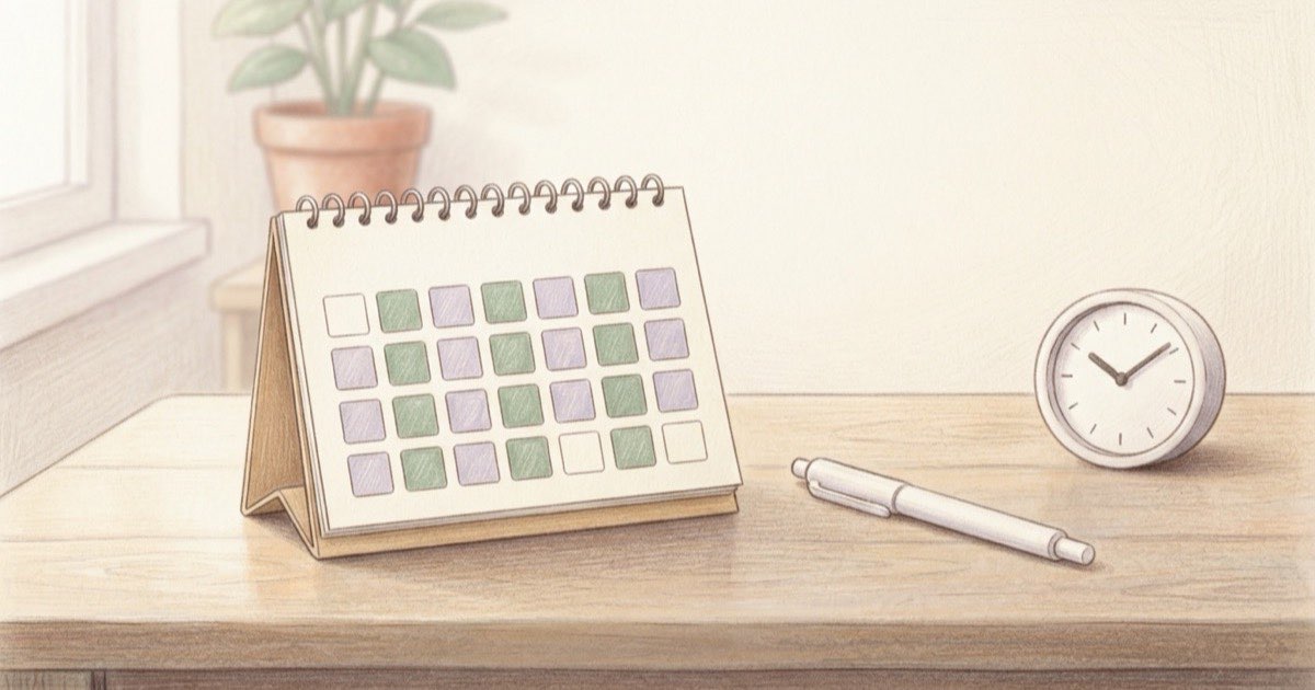 Ilustração de um calendário de mesa com algumas datas marcadas, uma caneta de aplicação e um relógio pequeno ao lado, luz clara