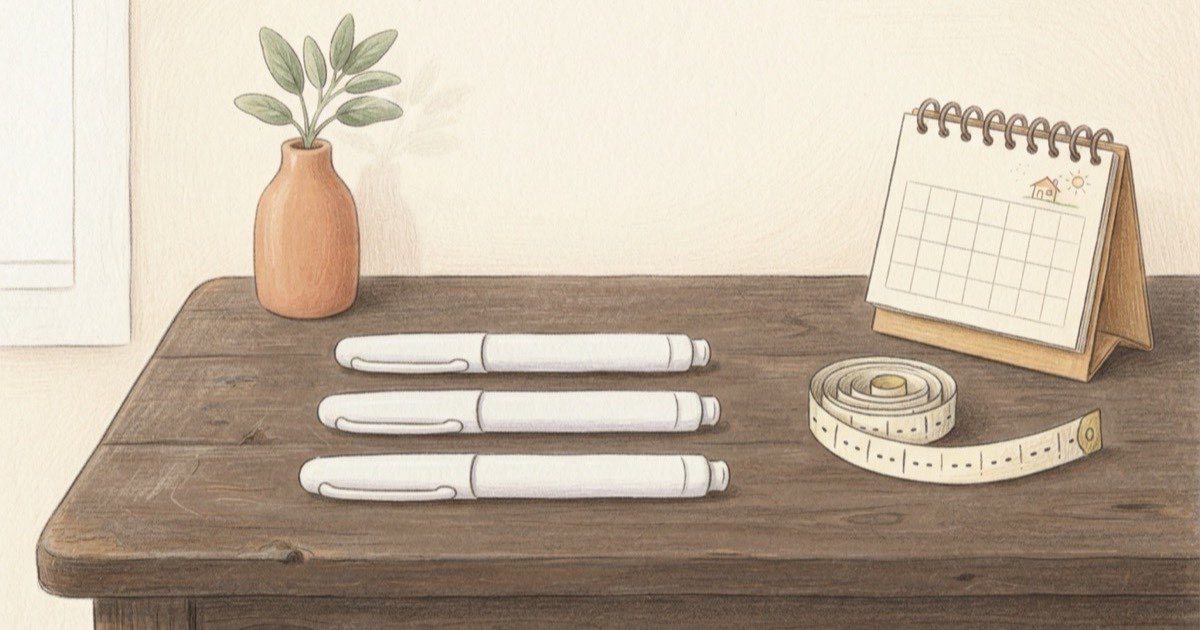 Ilustração de três canetas de aplicação enfileiradas sobre uma mesa de madeira ao lado de uma fita métrica e um calendário