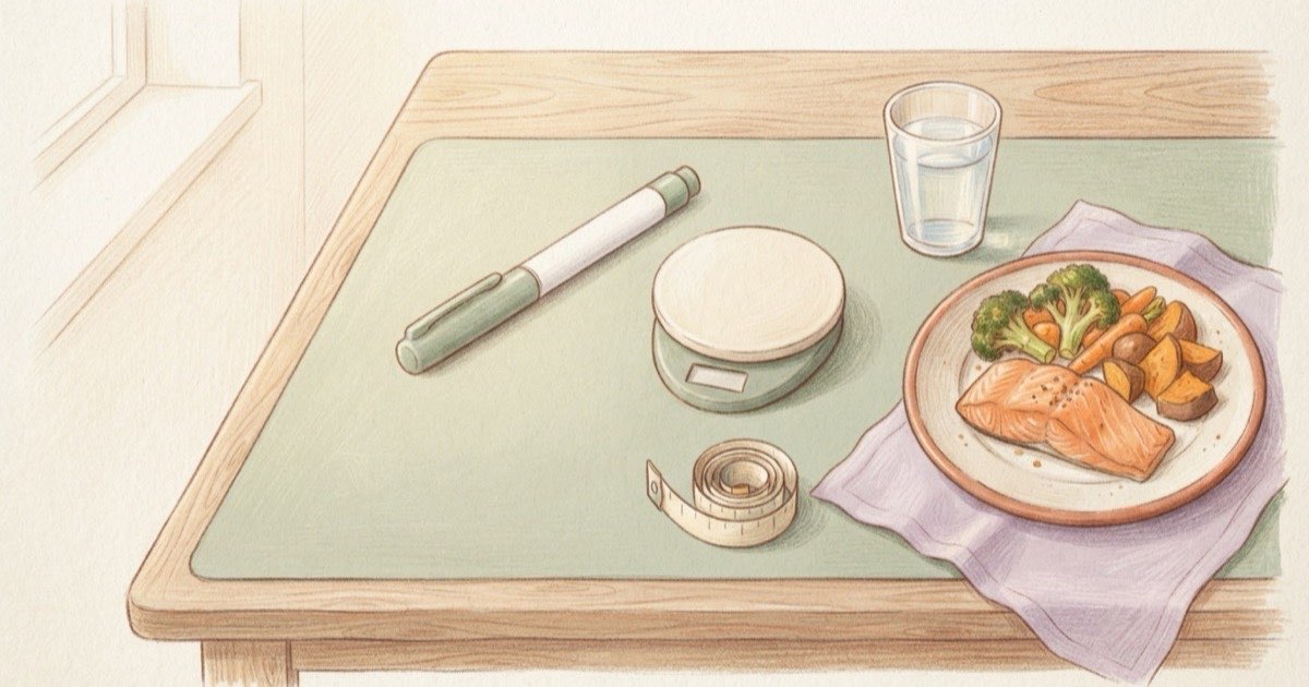 Ilustração de uma mesa com uma caneta de aplicação, uma balança de cozinha, uma fita métrica, um copo de água e um prato com salmão e legumes