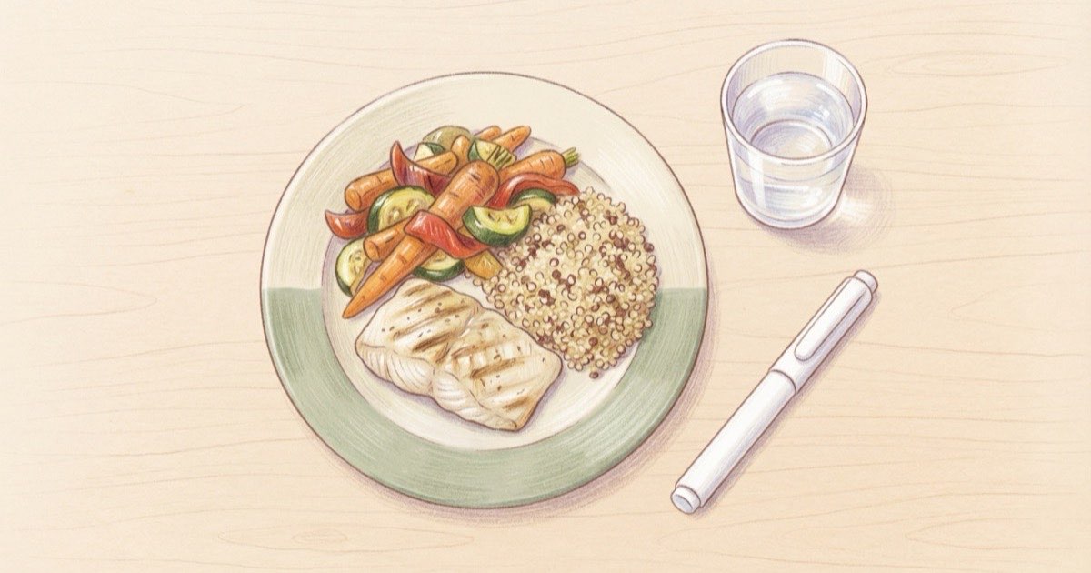 Ilustração de um prato visto de cima com peixe grelhado, legumes coloridos e uma porção de grãos, ao lado de um copo de água e uma caneta de aplicação, sobre mesa clara